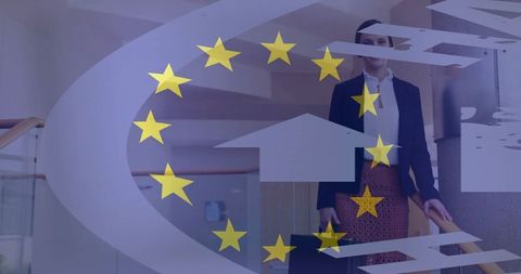 Businesswoman descending office stairway with eu stars overlay