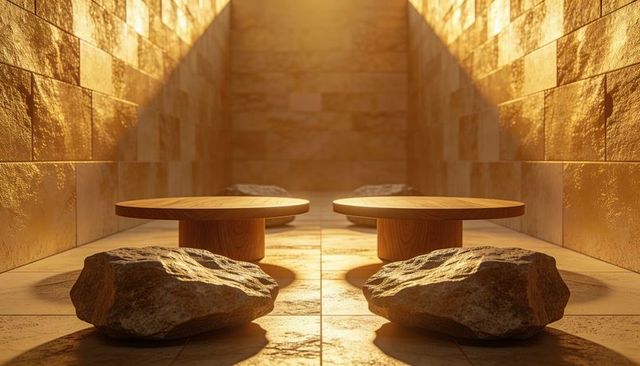 Featuring paired round wooden platforms with natural rock seating in warm stone corridor