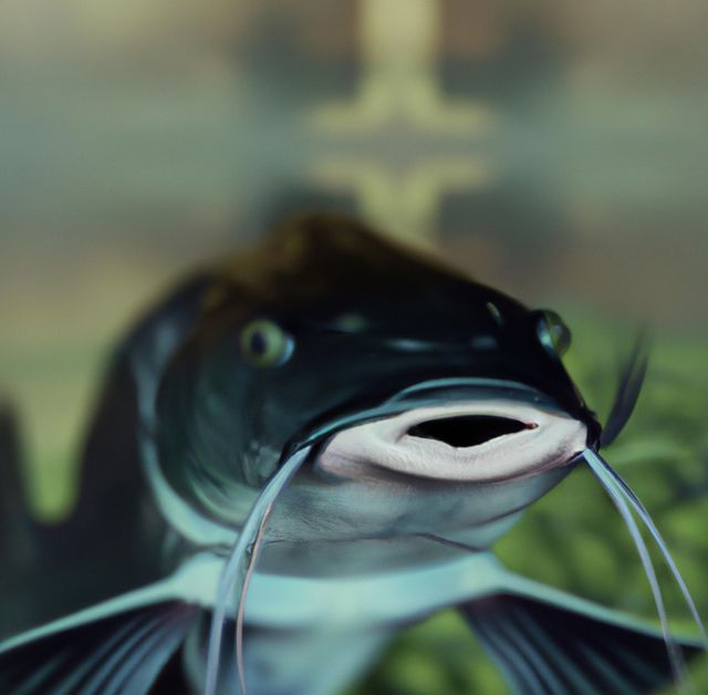 Close-up of a catfish underwater with its mouth open, showcasing its distinctive whiskers. Ideal for use in content about aquatic life, freshwater fish, marine biology, or natural habitats. Perfect for educational illustrations, blog posts, articles on fish species, or environmental awareness campaigns.