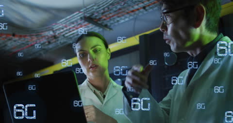 6G Technology Concept with Diverse IT Engineers in Server Room
