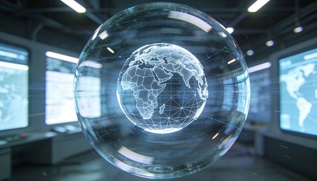 Rotating holographic wireframe globe inside transparent orb in high-tech control room