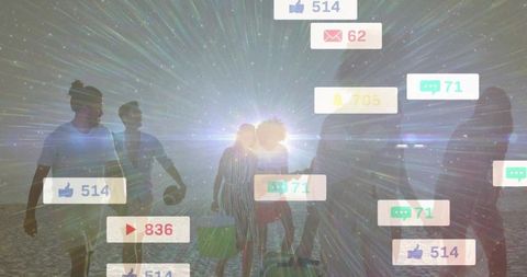 Friends Enjoying Beach Walk with Social Media Notifications at Sunset