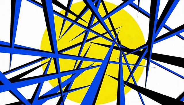 Radiating blue and black beams converging toward yellow disc abstract geometric design