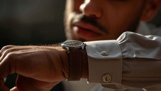 Man checking brown leather wristwatch with dress shirt cuff and polished cufflink