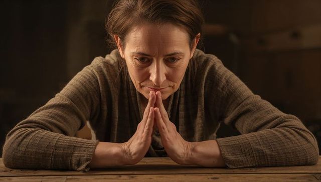 Middle-aged woman leaning and contemplating, folding fingertips over rustic wooden table