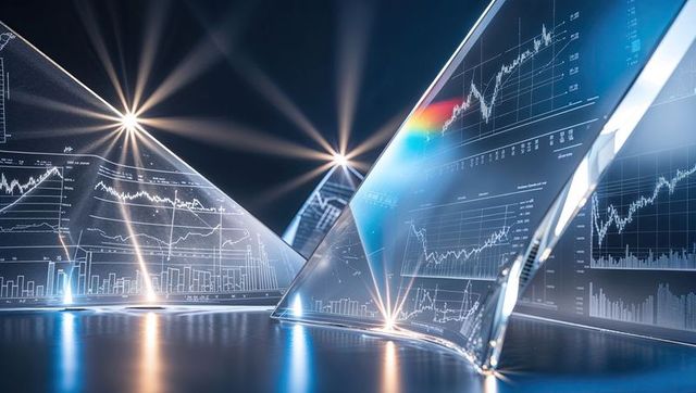 Futuristic Holographic Prisms Displaying Financial Data and Charts