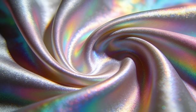 Swirling iridescent satin spiral with opalescent pastel rainbow sheen and sparkles