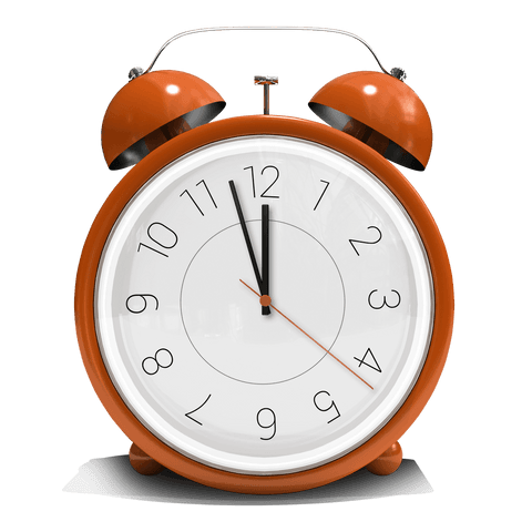 Transparent twin bell orange alarm clock striking midnight
