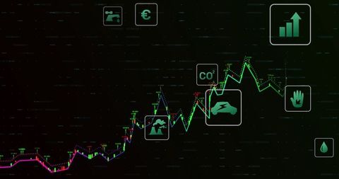 Green sustainable finance dashboard showing upward trend line with CO2, EV and euro icons