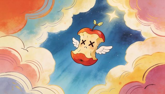 Floating winged apple core with x eyes among pastel clouds and starry sky