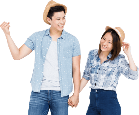 Transparent Joyful Couple in Stylish Casual Wear Celebrating