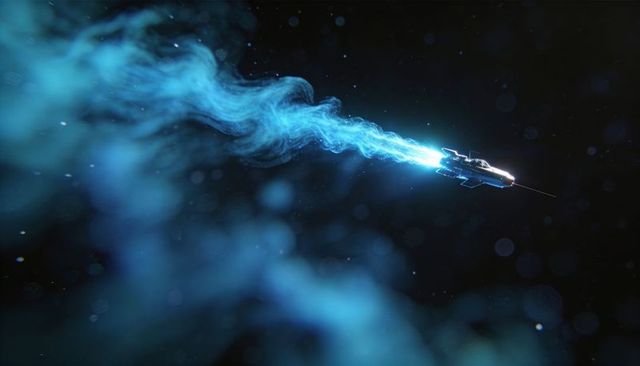 Small spaceship propelling through neon cyan plasma trail across deep space void