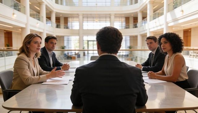 Executive interview panel conducting high-stakes job interview in modern atrium boardroom