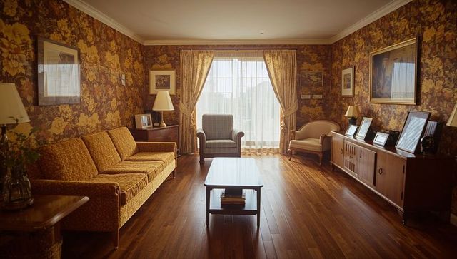 Sunlit retro living room featuring plaid armchair, patterned sofa and floral wallpaper