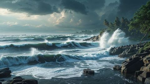 Dramatic ocean waves crashing against bay of bengal tropical shoreline
