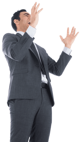 Transparent Businessman Excitedly Raising Arms in Triumph