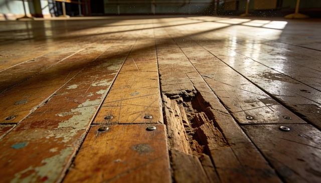 Sunlit Worn Gym Floor Showing Splintered Plank Gouge and Exposed Screws, Rustic Wood Texture, Dust