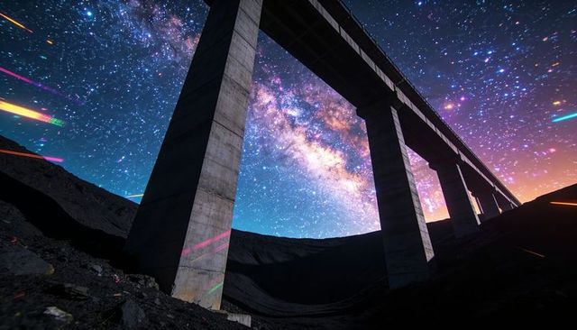 Massive concrete viaduct rising above rocky canyon under milky way with neon streaks