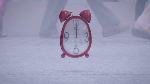 Red Alarm Clock Superimposed Over Walking Commuters in Fog