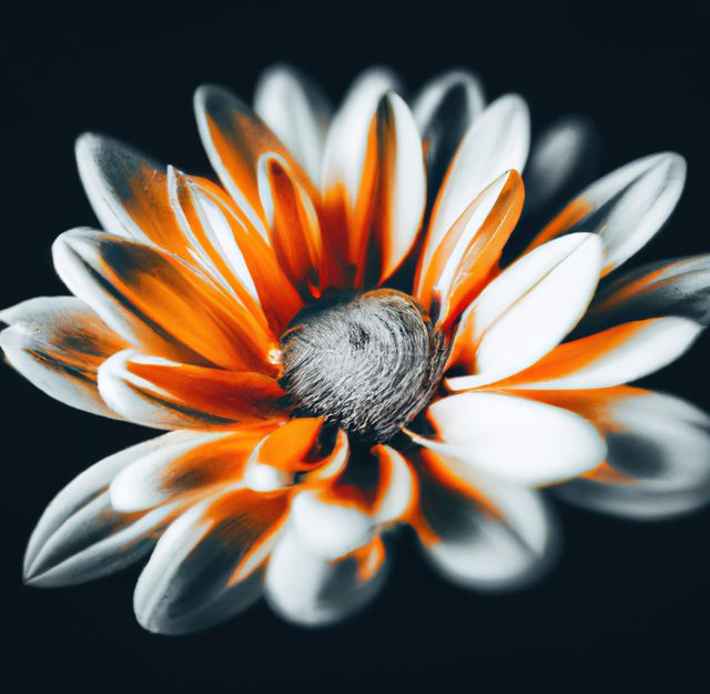 Stunning close-up of a vibrant orange and white flower under dramatic lighting, brings focus to detailed petals. Fantastic for botanical articles, floral galleries, nature prints, background images, decoration, or floral design inspiration.