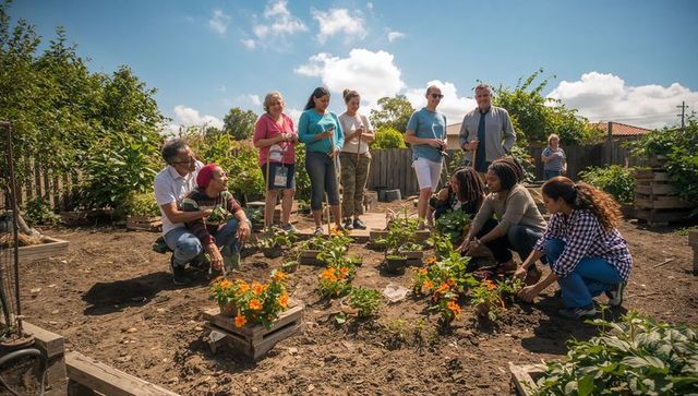 Community volunteers planting bright orange flowers and vegetables in garden raised beds