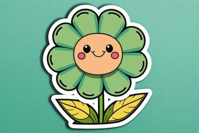 Composition of green kawaii cartoon flower sticker on green background. Stickers and pattern concept digitally generated image.