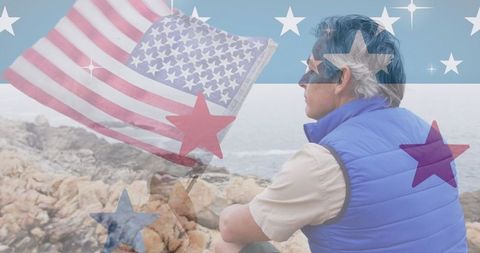 Patriotic Senior Reflecting with American Flag Overlay