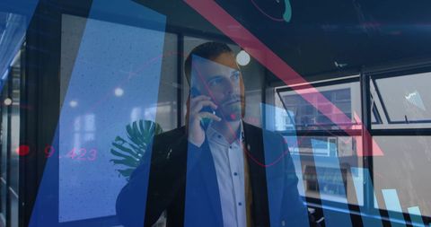 Businessman Using Smartphone with Digital Data Overlays