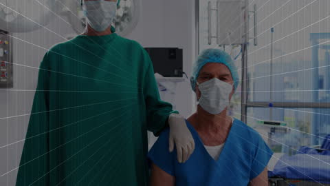 Surgeons in Operating Room with Digital Grid Overlay