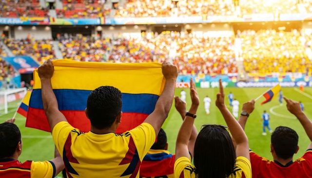 Colombian fans raising tricolor flag cheering in bright soccer stadium crowd