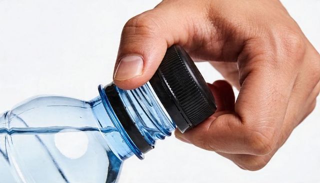 Right hand twisting black screw cap on blue plastic bottle neck showing tamper ring