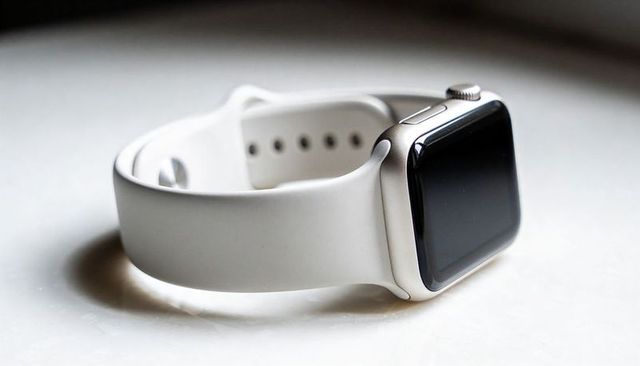 Silver smartwatch with white silicone strap resting on light surface closeup