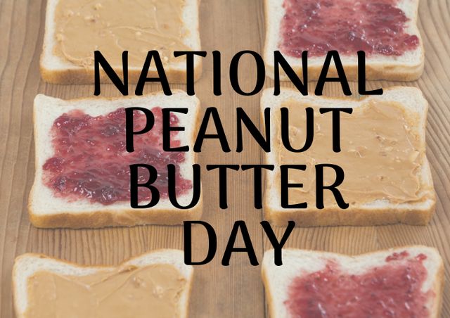 Composition of national peanut butter day text with peanut butter jelly snadwiches. National peanut butter day and celebration concept digitally generated image.