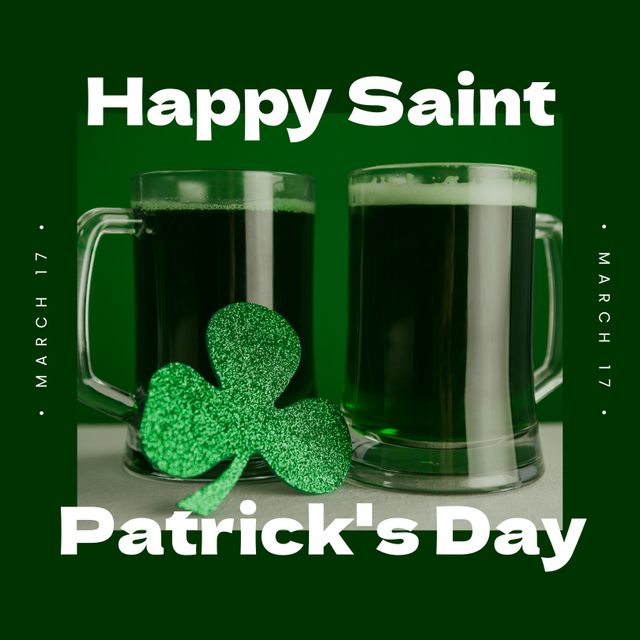Image of st patrick's day text, shemrock and beer glasses on green background. St patrick's day, irish tradition and celebration concept digitally generated image.