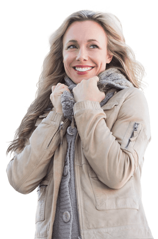 Smiling Caucasian Woman in Winter Jacket on Transparent Background