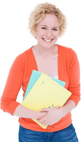 happy adult woman holding colorful notebooks with transparent background - Download Free Stock Videos Pikwizard.com