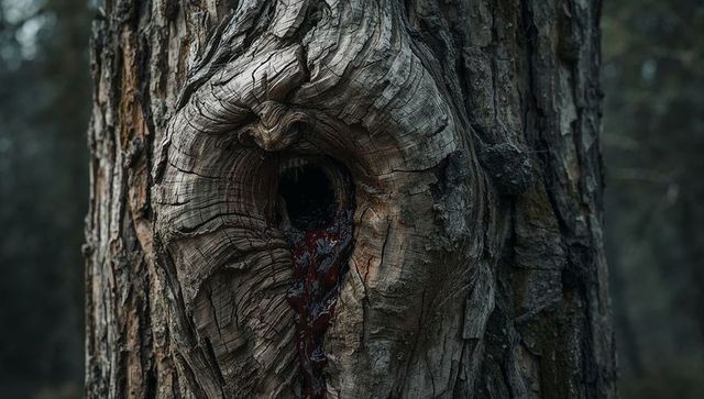 Gnarled tree trunk exuding dark resin from knothole in shaded forest, textured bark detail