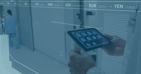 Doctor analyzing brain scans with financial data overlay