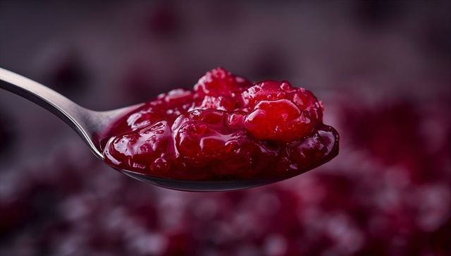 Closeup of silver spoon with red berry compote in studio lighting