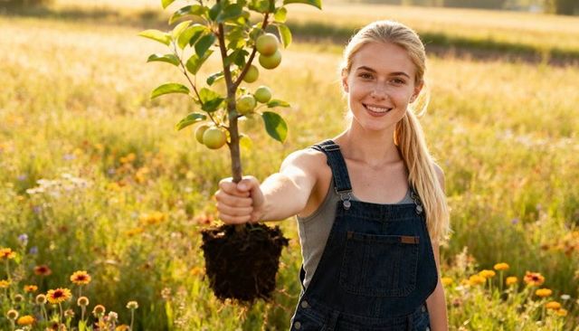 Young woman planting apple sapling in wildflower meadow at golden hour smiling outdoor lifestyle