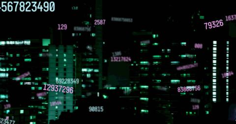 Futuristic Digital Numbers Overlaying Cityscape Illustration