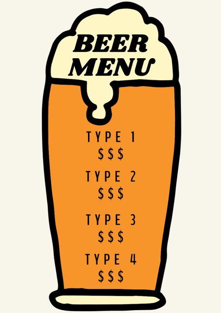 Template showcasing a beer menu in a mug graphic, perfect for pubs, breweries, and events. Helps easily inform customers about available beer types and pricing. Ideal for promotional materials, digital displays, and print menus in hospitality settings.