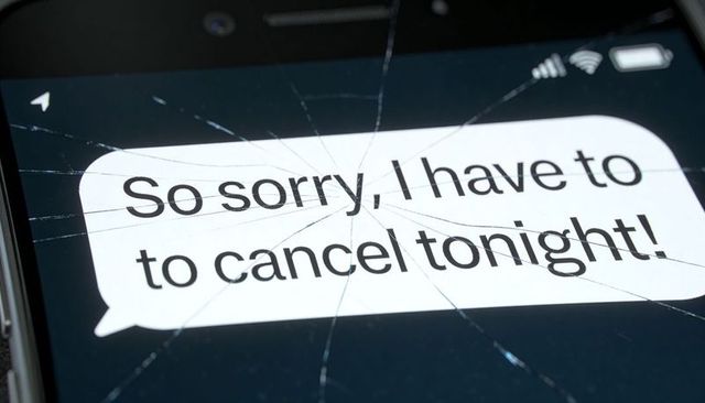 Cracked smartphone screen showing cancel message 'so sorry, i have to cancel tonight!'