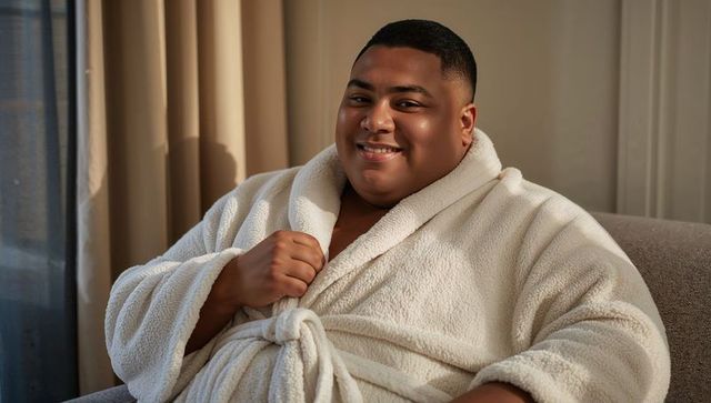 Smiling man relaxing in plush cream bathrobe on sunlit sofa, cozy home lifestyle portrait
