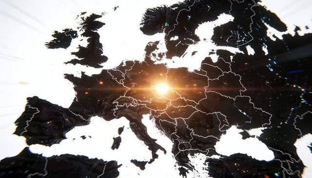 Central europe map glowing with golden lens flare, high-contrast cinematic digital interface