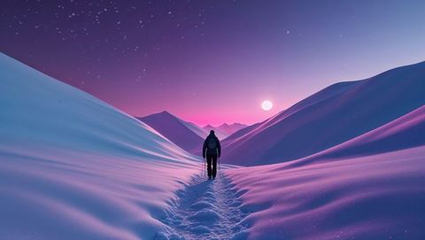 Solitary Hiker Trekking Through Snowy Mountain Valley at Dawn