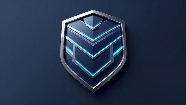 Futuristic metallic shield emblem with neon cyan strips