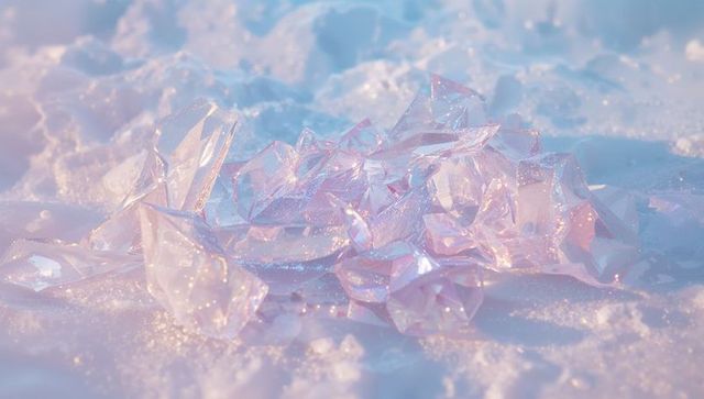 Shimmering crystal shards on snow with pastel hues