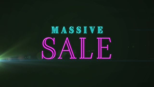 Colorful digital sale sign with neon-lit 'Massive Sale' text, suitable for online advertisements, promotional videos, sales banners, website headers, and social media posts to attract customers with eye-catching visuals.