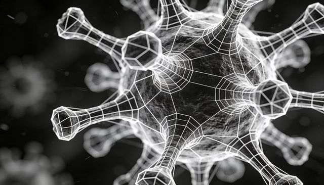Rotating virion with wireframe spikes and textured core monochrome 3d biomedical render